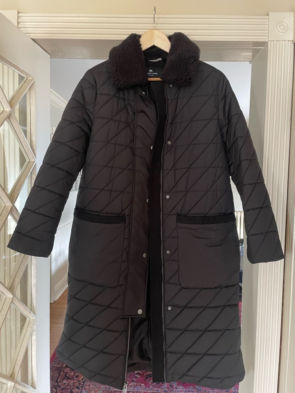 Andrew Marc Black Quilted Long Coat with Corduroy Collar